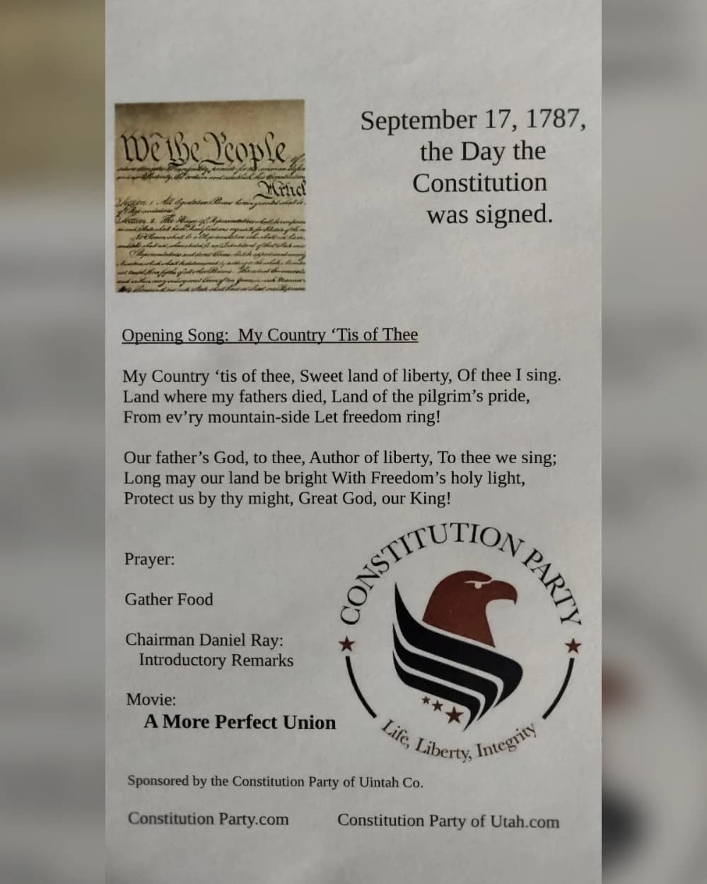Constitution Day Potluck Dinner and Movie Night event poster