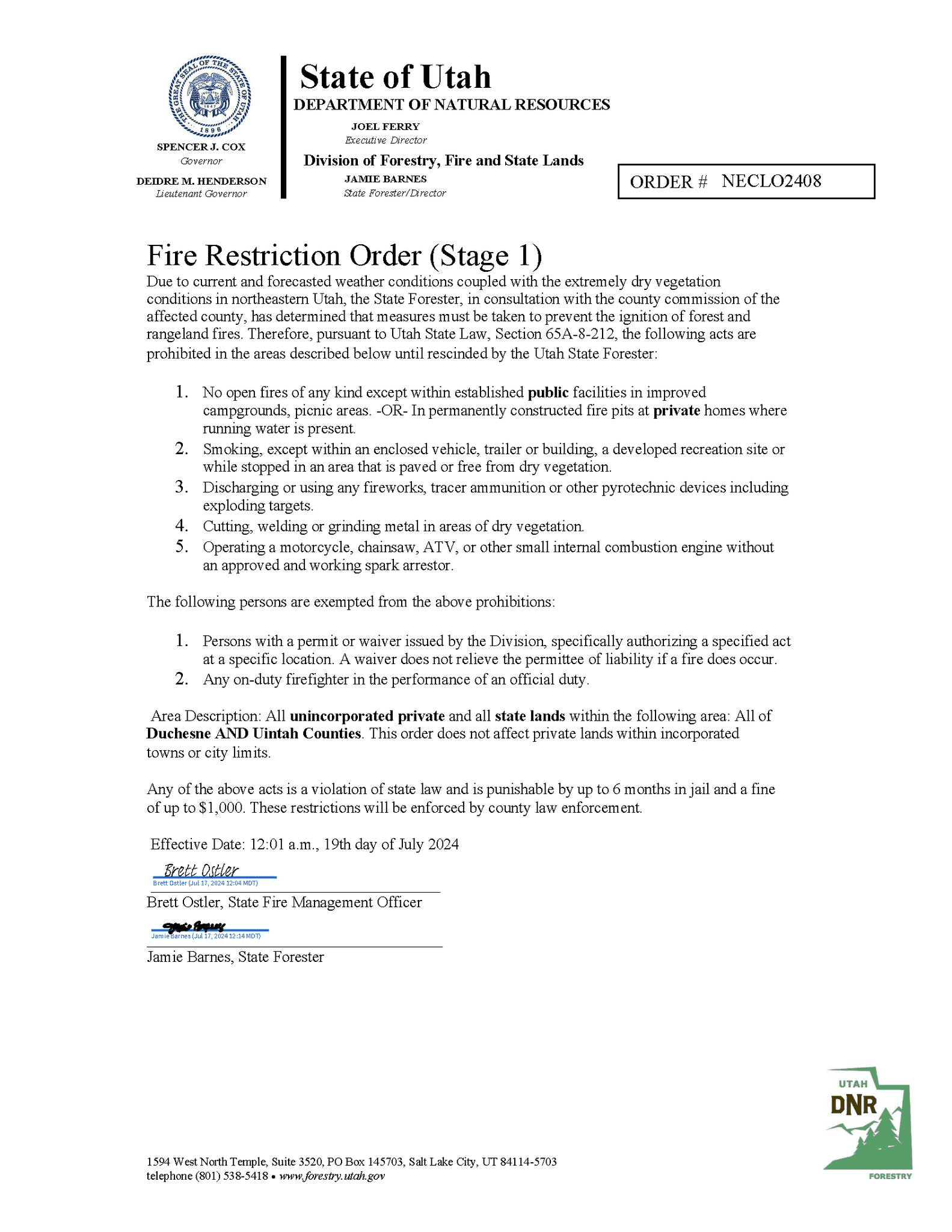 Fire Restriction Order Issued For Duchesne County And Uintah County
