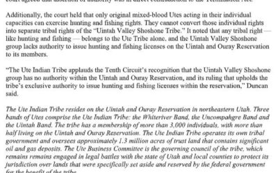Ute Tribe Issues Release on Tribe’s Power to Control Hunting and Fishing Rights