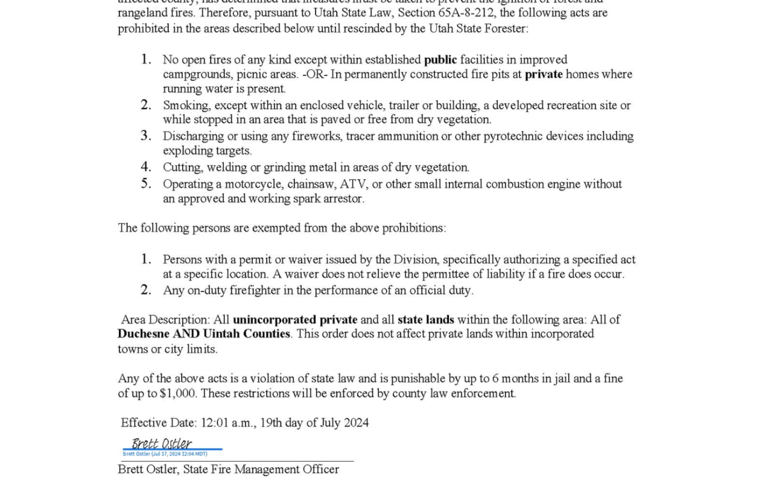 Fire Restriction Order Issued For Duchesne County And Uintah County